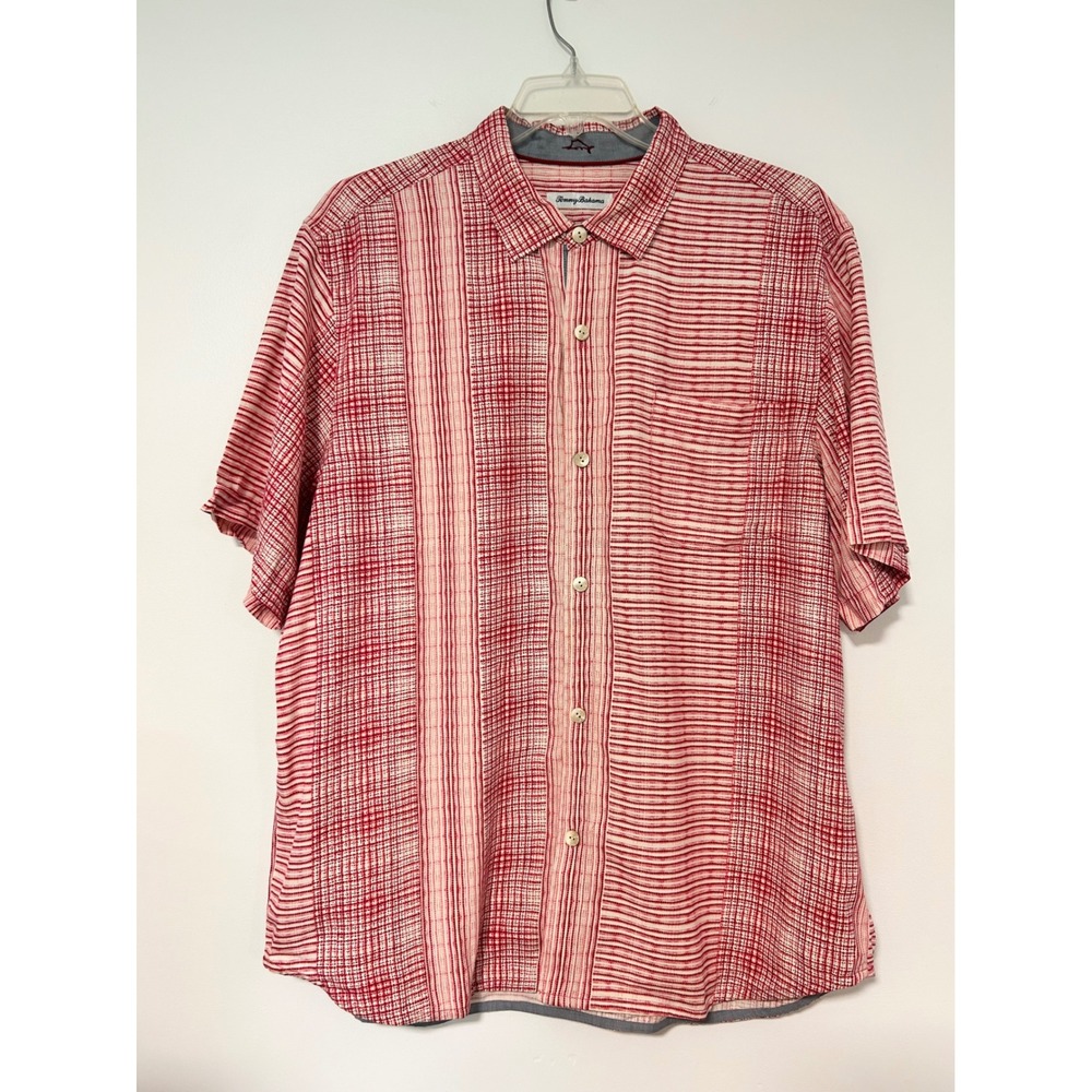 Tommy Bahama Mens XL Silk Short Sleeve Button Down Shirt Red White Stripe Grid